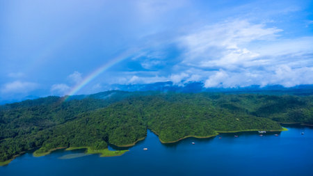 Aerial view of the River Kwai and floating houses in Kanchanaburi Province, Thailand. Beautiful view...