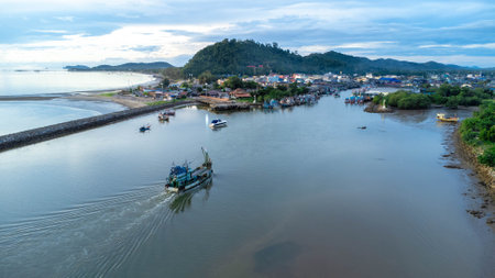 Aerial view of fishing village and gulf at Pak Nam Sichon, estuary area in Chumphon Province, Thailand.の写真素材