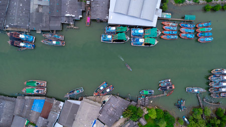 Aerial view of fishing village and gulf at Pak Nam Sichon, estuary area in Chumphon Province, Thailand.の写真素材