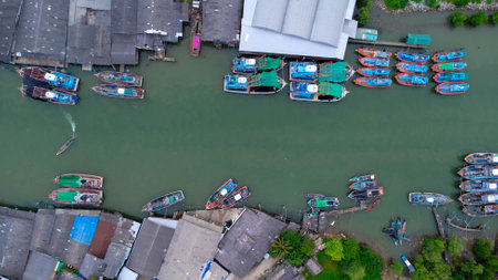 Aerial view of fishing village and gulf at Pak Nam Sichon, estuary area in Chumphon Province, Thailand.の写真素材