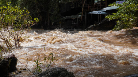 A strong current near a waterfall. Floods flowing in mountain rivers after heavy rains. Flash floods, the effects of global warming and the effects of deforestation.の写真素材