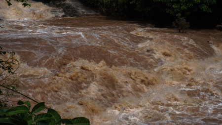 A strong current near a waterfall. Floods flowing in mountain rivers after heavy rains. Flash floods, the effects of global warming and the effects of deforestation.の写真素材