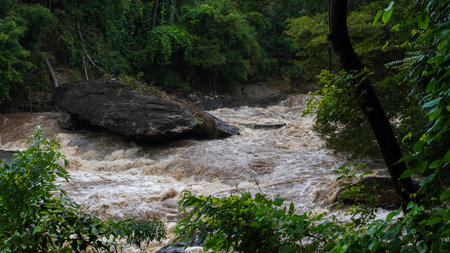 A strong current near a waterfall. Floods flowing in mountain rivers after heavy rains. Flash floods, the effects of global warming and the effects of deforestation.の写真素材
