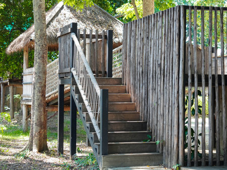 Modern wooden playground equipment for children's amusement park.の写真素材