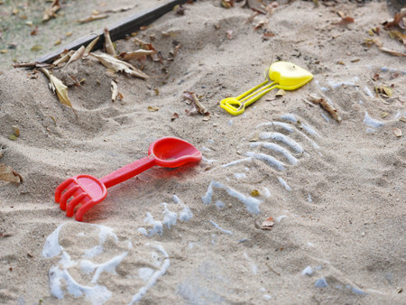 Sand pit for excavating simulated dinosaur fossils in a playgroundの写真素材