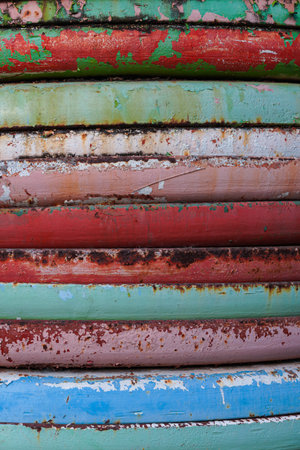 Close-up of a rusty iron fence. Metal rust. Metal corrosion. Rust and corrosion on old iron.