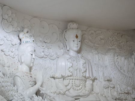 Marble sculpture symbolizing Buddhism in Asia inside a temple in Thailand.の写真素材