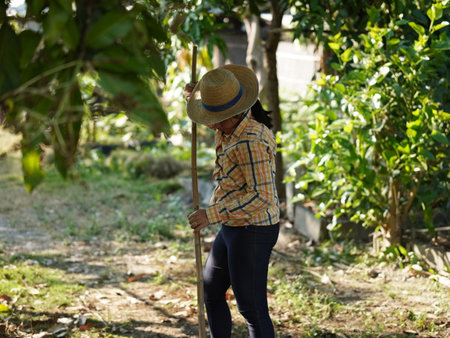 Asian adult woman working outdoors in summer garden.の写真素材