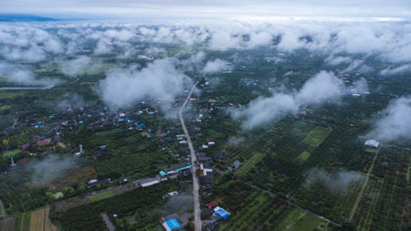 Aerial view of foggy morning countryside in rainy season. Morning fog covers the plains and rural villages with houses.の写真素材