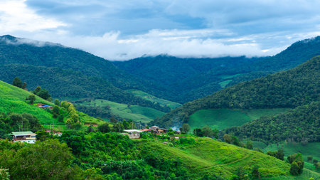 Beautiful mountain village with green hills, lush forest, and clouds covering the ridge, showing peaceful rural lifestyle in nature.の写真素材