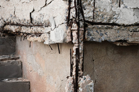 Old cracked wall of concrete building with exposed damage and decay, representing structural weakness and urban decay.の写真素材