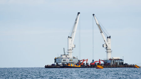White dock cranes operating at sea port with cargo ships, illustrating freight logistics and international shipping industry.の写真素材