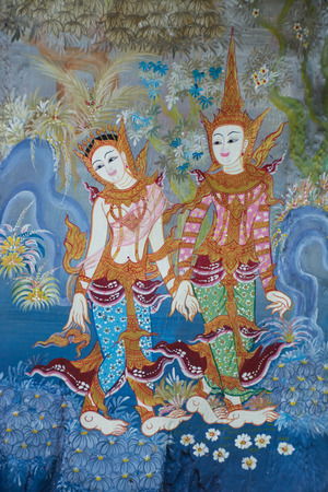 Ancient Thai mural painting in thai churchのeditorial素材