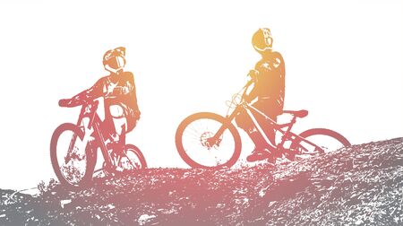 Silhouette of a biker. Downhill mountain biking background. Vector Illustrationのイラスト素材