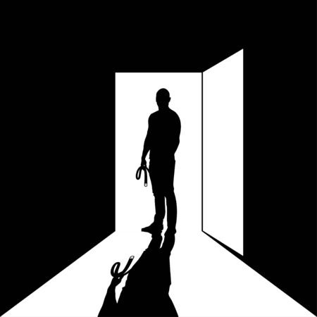 Man with belt standing at the door. Practising violence against children.のイラスト素材