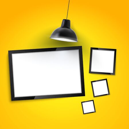 Photo art gallery mockup. Picture frame on yellow wall with hanging lamp. Blank photo frame or poster template.のイラスト素材