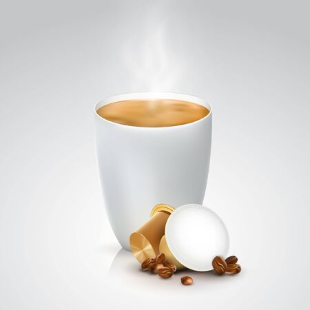 Brown capsules for coffee machine. Cup of hot coffee with pods and coffee beans on white background.のイラスト素材