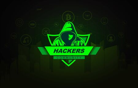 Hacker with the hoodie on technology background. Vector Logo.のイラスト素材