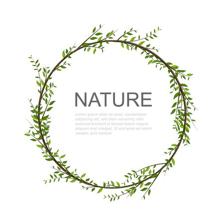 Floral invitation card design. Tree branches circle with place for text in the middle. Vector illustration.のイラスト素材
