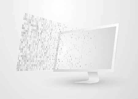 Cyberspace and network concpet. Binary code coming out of the computer screen. Smart pc software grouping data from chaos to order. Big data diagnostic and anlasysis vector illustration.のイラスト素材