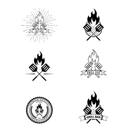Vector set of grill bar and bbq labels. Vintage grill restaurant emblems. Food badges and design elementsのイラスト素材