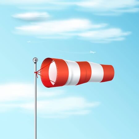 Windsock on the blue sky. Red and white airport wind flag showing wind direction and speed.のイラスト素材