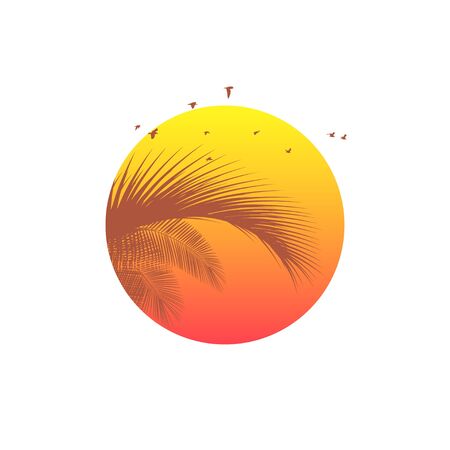 Sunset or sunrise  with palm leaves silhouette. Tropical background. Resort and spa emble. Summer vacation. Isolated on white.のイラスト素材
