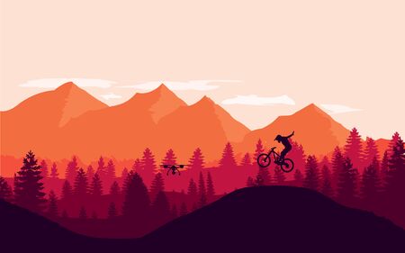 Mountain bike rider in wild mountain nature landscape background.のイラスト素材