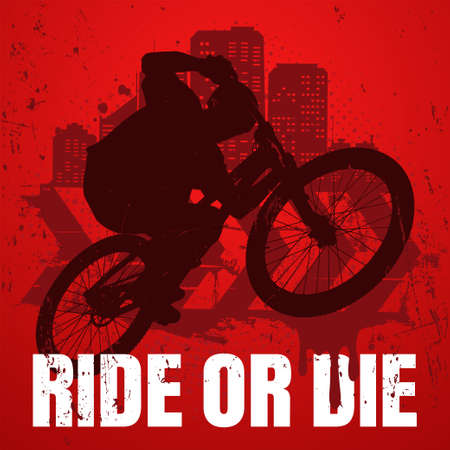 Extreme sport t-shirt design with popular ride or die slogan. Urban style. Biker silhouette on mtb bike in the air.のイラスト素材
