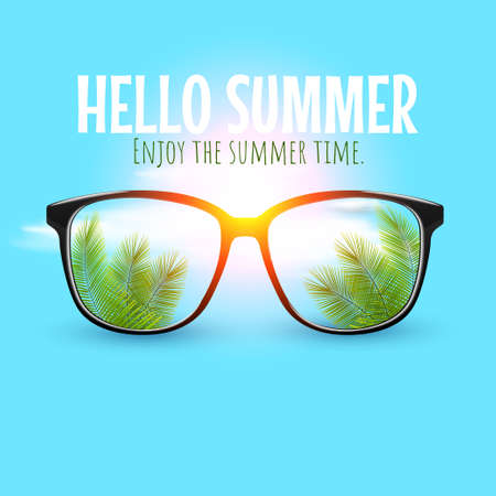 Summer sunglasses with palm tree leaves in lenses on pastel background. Summer, holiday, vacation concept. Glasses discount banner, poster or social media post.のイラスト素材