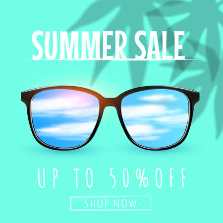 Eyeglasses sale banner concept. Sunglasses with sky reflection with clouds and sun Decorated with plant shadows. Glasses discount banner, poster or social media post.のイラスト素材