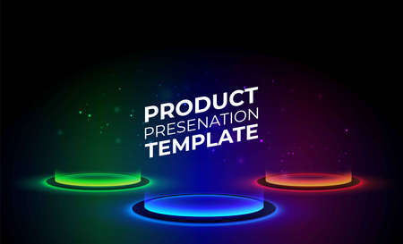 Abstract hi-tech background for display product with neon glowing ring on floor. Round pedestal podium on black background. Futuristic product stand template. Circle teleport podium. Vector template.のイラスト素材