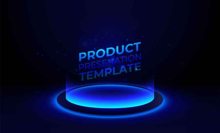 Abstract hi-tech background for display product with neon glowing ring on floor. Round pedestal...