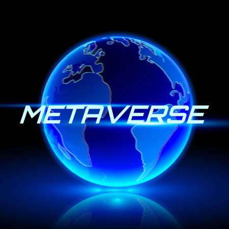 METAVERSE text on hologram planet earth. Internet supporting persistent online 3D virtual environments.のイラスト素材
