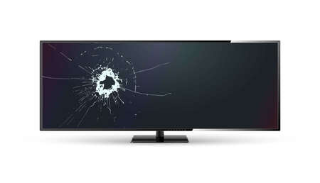 Broken monitor with cracked lcd screen. Widescreen with cracked glass. Realistic vector illustrationのイラスト素材