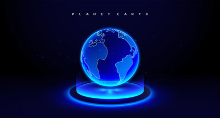 Blue digital Earth globe hologram on futuristic stand. Science and technology abstract background. Vector illustration.のイラスト素材