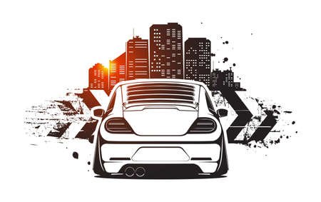 Street racing car. Grunge urban racing design with stylized city skyline. Tuned cars meeting vector illustration.のイラスト素材