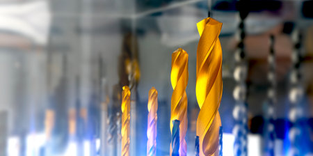 Drill bits close up wide image. High quality titanium drill bits for metal drilling.