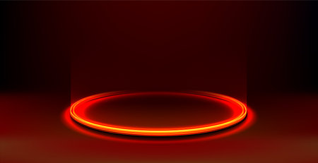 Red glowing ring on floor. Circle podium or teleport. Futuristic product stand template for pc gaming accessories. Red abstract hi-tech background for display technology product. Editableの写真素材