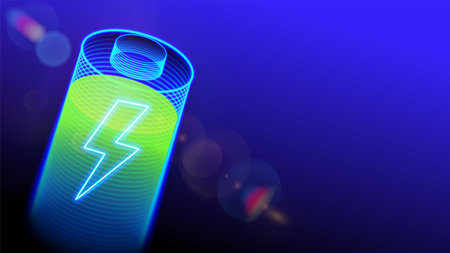 Battery close-up. Digital cells battery wireframe with green charging. Fast charging technology conceptの写真素材