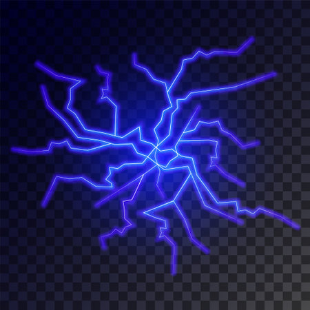 Blue electric lighting effect. Powerful storm electrical discharge. Impact, crack, magical energy flashのイラスト素材