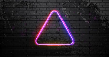 Night club electric sign. Triangle neon lamp banner with place for text. Black brick wall with neon frame. illustration.の写真素材