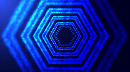 Hexagonal tunnel with depth of field. Abstract futuristic tunnel with neon light. Glowing particles...