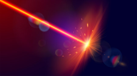 Laser beam with bright shiny sparkles. Red laser strike. image.の写真素材