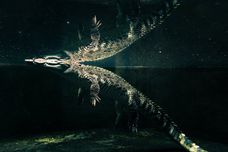Crocodile in dark water lurks for prey. Shot of lizard underwater with mirror reflectionの写真素材