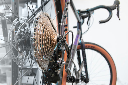 Bicycle shot from behind with cassette detail. Bicycle service and adjustment concept