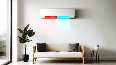 Dual Inverter hot and cold split air conditioner on the wall under sofa in modern apartment living room. Cooling and heating illustration