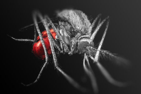 Mosquito full of blood on a black background. Close-up macro shot of an insectの写真素材