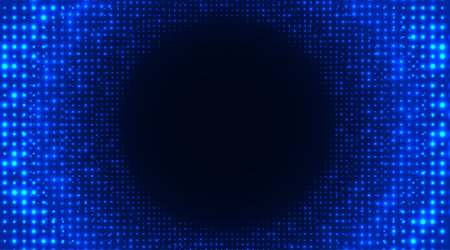 Blue glowing grid with a radiant effect, forming a dark circle in the center.のイラスト素材