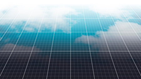 Solar panels close up with blue cloud reflection.の写真素材